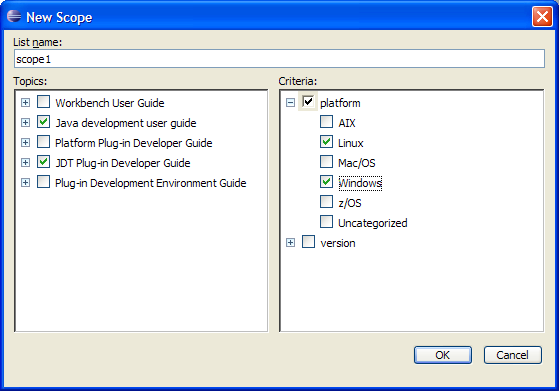 New scope dialog with criteria.