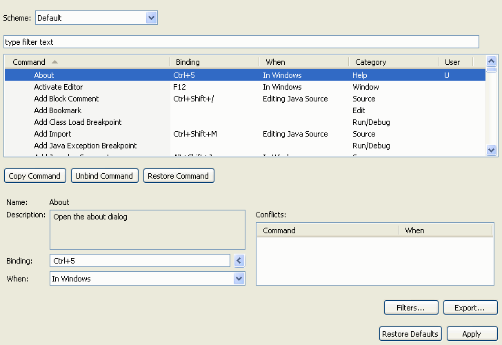 Keys preference page the About command bound to CTRL+5