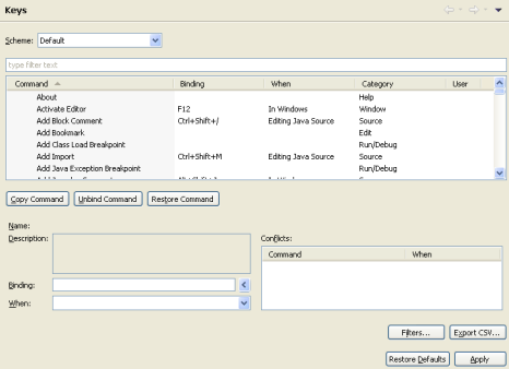 Key bindings preference dialog