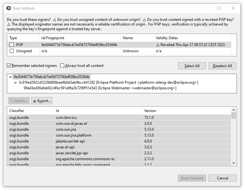 Trust Artifacts Dialog